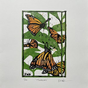 Monarch Butterflies In The Milkweed, Hand Printed, Original Woodblock  Relief Print