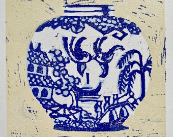 Blue and White Willow Pattern China Pot Woodblock Print, Original Design, Handmade Woodcut, Cream Background