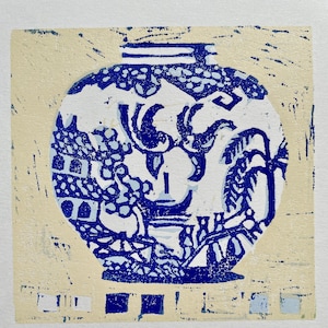 Blue and White Willow Pattern China Pot Woodblock Print, Original Design, Handmade Woodcut, Cream Background