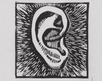 H is for Hearing, limited edition linocut print from the Alport Syndrome alphabet series