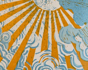 Golden Rays Woodblock Print: Sunshine Sky Art, Limited Edition