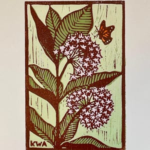 Milkweed and Monarch Woodblock Print, Original Design, Hand Carved & Printed, Limited Edition Artwork, Gift for a Butterfly Lover