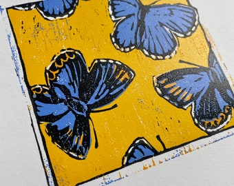 Karner Blue Butterflies, New Hampshire State Butterfly, Original Art, Handmade Woodblock Print, Beautiful Nature gift under 50