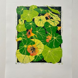 Colorful Nasturtiums Woodblock Print, Original design, Hand Carved and Printed Artwork, Botanical Art Gift
