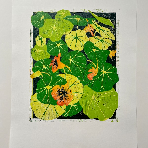 Grabado en madera de capuchinas coloridas, diseño original, obra de arte tallada e impresa a mano, regalo de arte botánico