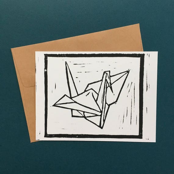 Origami Kranich Linolschnitt Drucken Karten Set