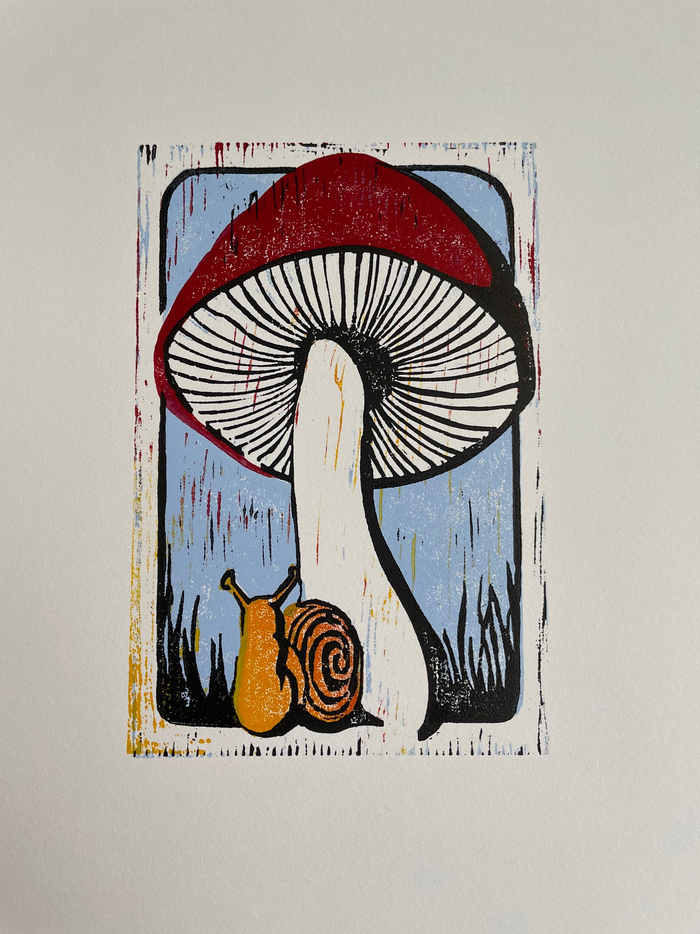 Mushroom and Snail Wood Block Print, Original Hand-printed Artwork