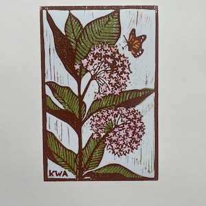 Milkweed and Monarch Woodblock Print, Original Design, Hand Carved & Printed, Limited Edition Artwork, Gift for a Butterfly Lover
