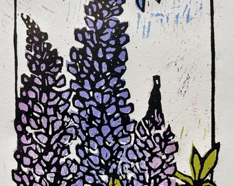 Purple Lupine Flowers and Blue Butterfly Woodblock Print, Limited Edition, Original Design, Hand-Printed