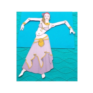 May include: A paper doll of a woman wearing a purple and gold belly dancing costume. The doll is posed with her arms outstretched and her legs slightly bent. The background is a turquoise blue.