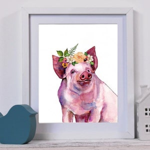 Girls Nursery Wall Art, Pig with Flower Crown, Farm Animals, Nursery Decor, Watercolor Animals, Baby Animal Nursery, Baby Shower Gift