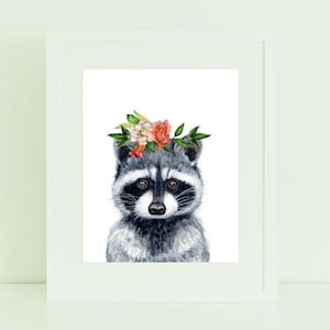 Raccon print, Raccoon with flower crown, Nursery decor, Woodland animals, Baby animals, Raccoon wall art, Baby animals, Printable nursery