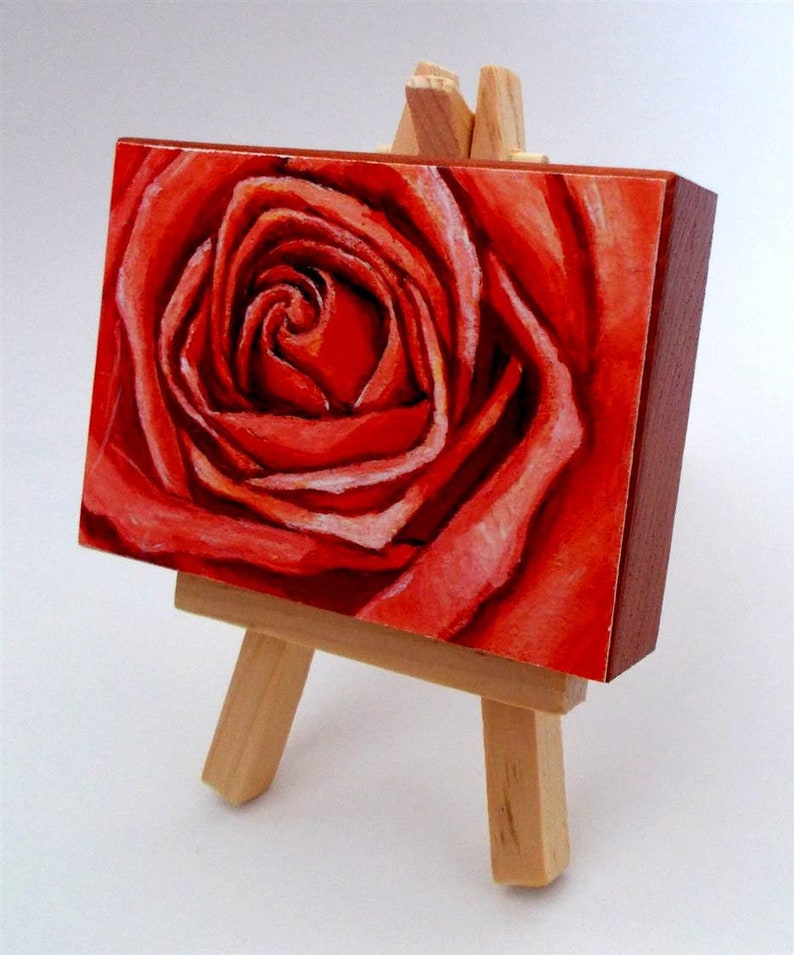 ACEO Print Hostess Gift ACEO Wood Block Coral Rose Small Painting Artist Trading Cards Miniature Art Gifts under 10 ACEO
