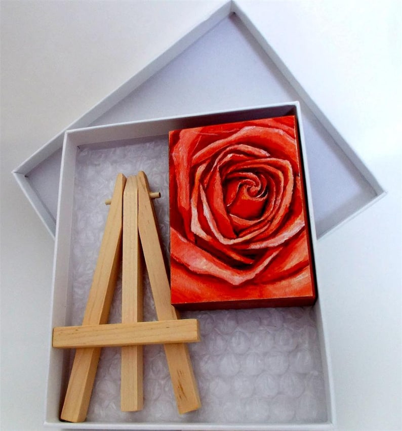 ACEO Print Hostess Gift ACEO Wood Block Coral Rose Small Painting Artist Trading Cards Miniature Art Gifts under 10 ACEO