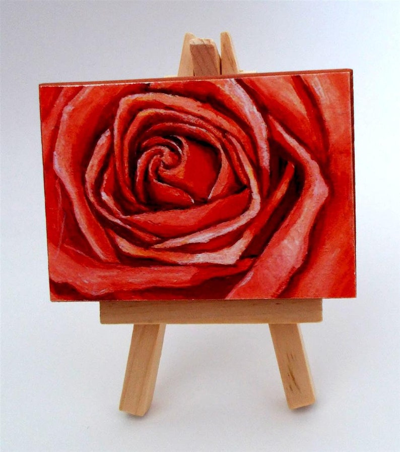 ACEO Print Hostess Gift ACEO Wood Block Coral Rose Small Painting Artist Trading Cards Miniature Art Gifts under 10 ACEO