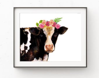 Cow Art Print, Girls Nursery Wall Art, Boho Nursery, Cow with Flower Crown, Farm Animal Print, Nursery Wall Art, Cow Wall Decor