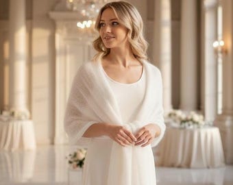 White Bridal Shawl for Wedding, Mohair Silk Wrap, Winter Wedding Shawl, Bride Cover-Up, Wedding Guest Shawl, Knitted Wrap