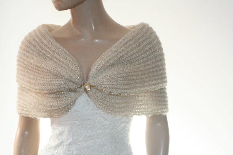 Ivory Gold Shrug Evening Mohair Jacket Knitted Shawl Wedding Bolero Jacket,Gold Knitted Cape Winter Wedding Wrap Bridesmaid Cover Up