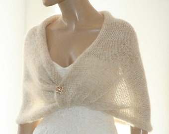 Ivory Gold Shrug, Bridesmaid Cover Up, Knitted Shawl, Winter Wedding Wrap, Evening Mohair Jacket, Wedding Bolero Jacket,Gold Knitted Cape