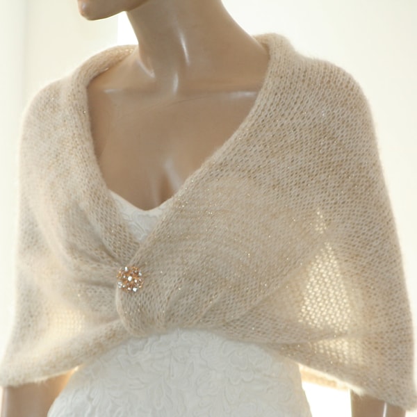 Ivory Gold Shrug, Bridesmaid Cover Up, Knitted Shawl, Winter Wedding Wrap, Evening Mohair Jacket, Wedding Bolero Jacket,Gold Knitted Cape