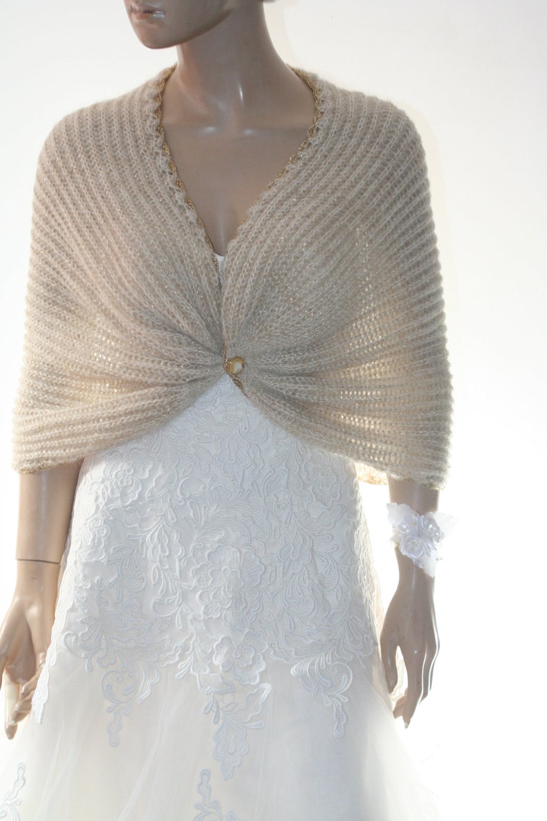 Ivory Gold Shrug Evening Mohair Jacket Knitted Shawl Wedding Bolero Jacket,Gold Knitted Cape Winter Wedding Wrap Bridesmaid Cover Up