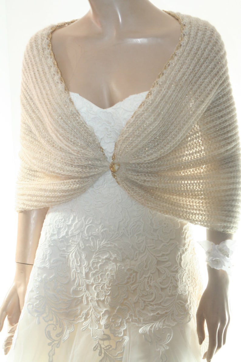 Ivory Gold Shrug Evening Mohair Jacket Knitted Shawl Wedding Bolero Jacket,Gold Knitted Cape Winter Wedding Wrap Bridesmaid Cover Up