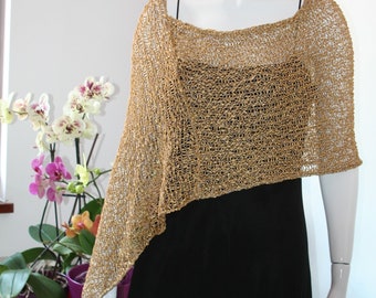 Gold shrug, Gold shawl, Wedding  shrug, Knit poncho, Gold poncho, Bridal shoulders cover, Bridesmaids Cover up, Summer poncho, Summer shawl