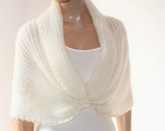 Ivory Shrug, Bridesmaid Cover Up, Knitted Shawl, Summer Wedding Wrap, Evening Mohair Jacket, Wedding Bolero Jacket,Ivory Knitted Cape