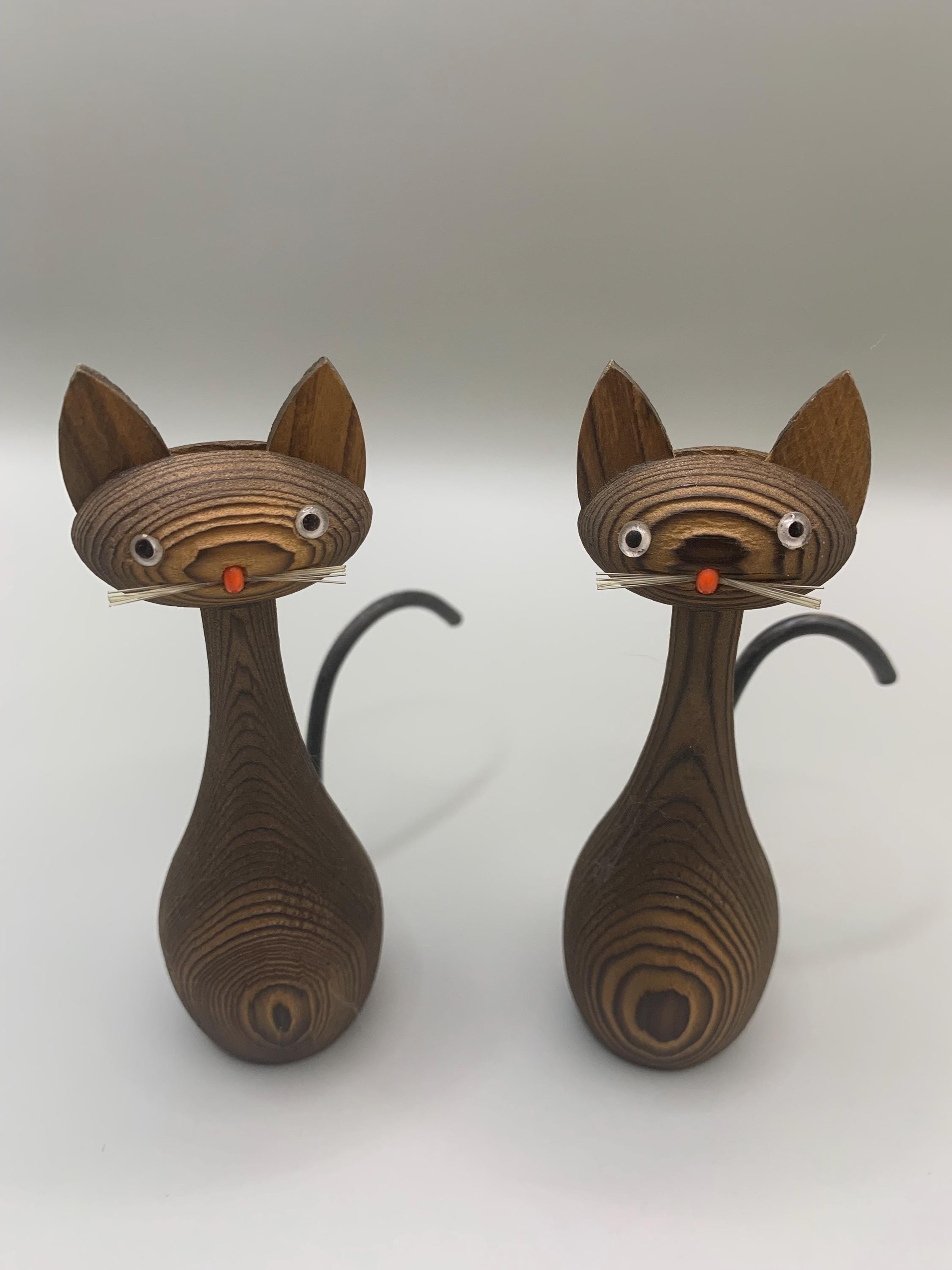 PAIR - Vintage MCM Japanese Cryptomeria Wood Cat Figurines Mid