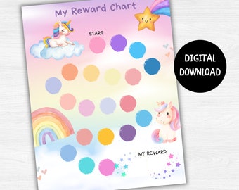 Unicorn Reward Chart, Kids Rainbow Reward Chart, Colorful, Digital Download, Printable