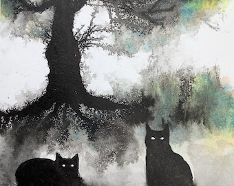 The Tree, original watercolor painting, black cat, Eva Fialka.