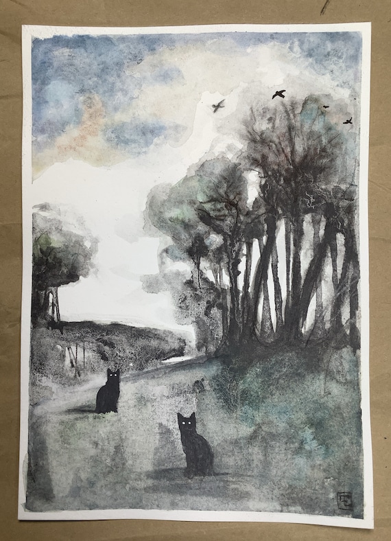 Afternoon, original painting on paper, black cats, Eva Fialka