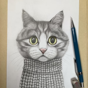 Otto, ritratto di un gatto soriano vestito con un maglione lavorato a maglia di Eva Fialka.