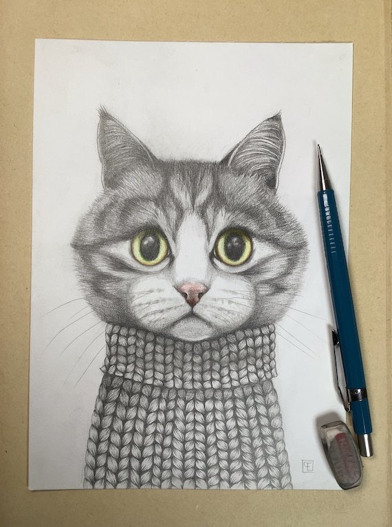 Otto, portrait of a tabby cat dressed in a knitted sweater by Eva Fialka.