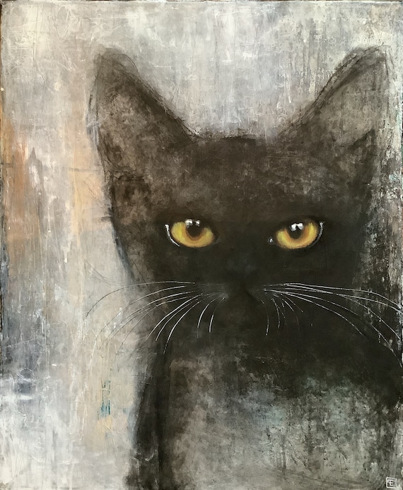 Ember, black kitten portrait, original painting, acrylic on canvas. Eva Fialka