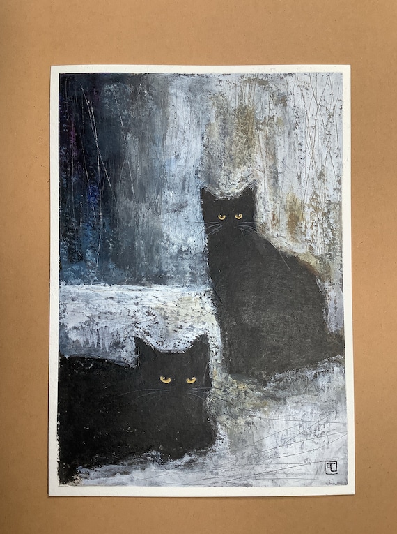 Black Cats, original abstract painting, gouache on paper by Eva Fialka