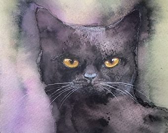 Victor, abstract portrait of black cat, original painting, watercolor and still on paper. Eva Fialka
