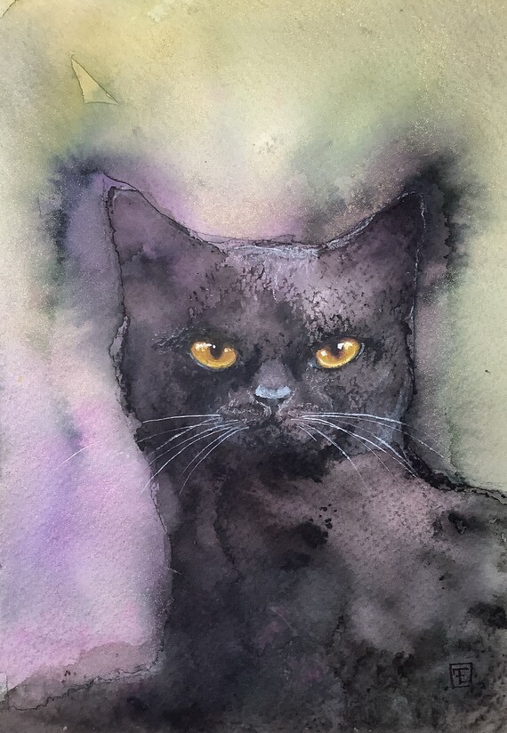 Victor, abstract portrait of black cat, original painting, watercolor and still on paper. Eva Fialka