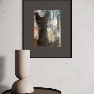 Ink, chat noir abstrait, peinture acrylique originale sur panneau de bois, Eva Fialka