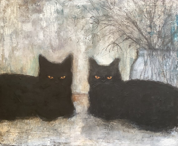 Cats, original acrylic painting on canvas, abstract black cats, Eva FIALKa