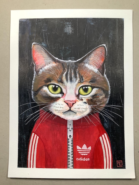 Sammy, portrait of a tabby cat in a tracksuit, original painting by Eva Fialka
