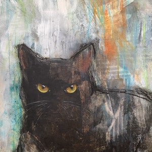 Lucius, portrait abstrait de chat noir, peinture acrylique originale. Eva Fialka