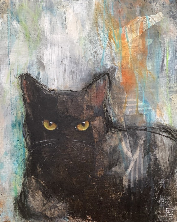 Lucius, abstract portrait of black cat, original acrylic painting. Eva Fialka