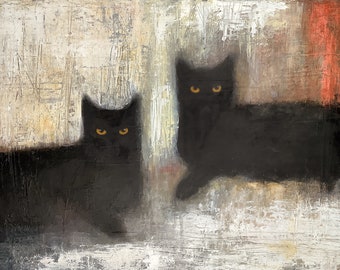 Chats noirs,Peinture acrylique abstraite originale, Eva Fialka