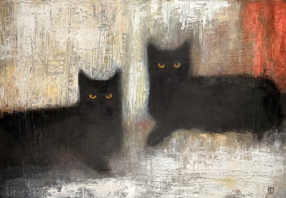 Black cats,Original abstract acrylic painting, Eva Fialka