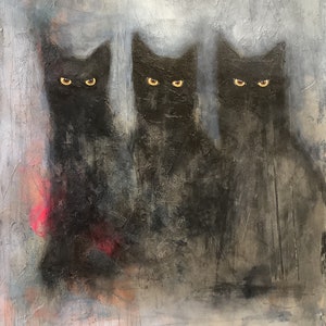 Cats, chats noirs abstrais, peinture acrylique originale, Eva Fialka