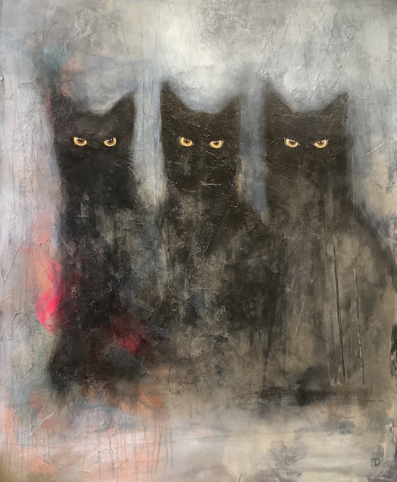 Cats, abstract black cats, original acrylic painting, Eva Fialka