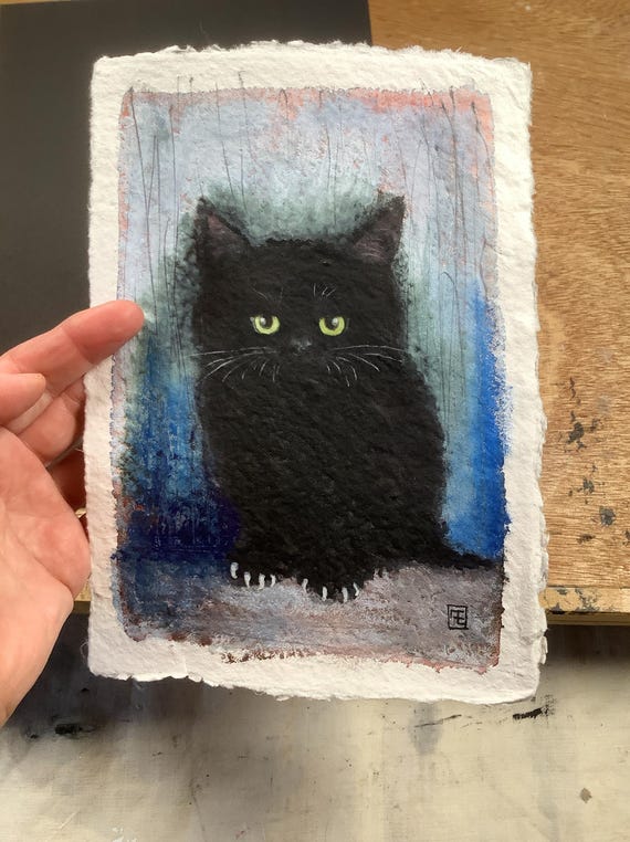 Kitten, original watercolor and gouache painting on handmade paper, Eva Fialka