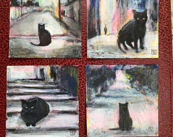 Set of 4 original abstract paintings, gouache and acrylic on paper, by Eva Fialka