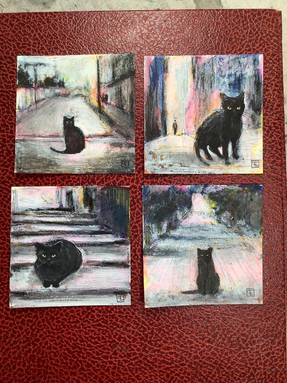 Set of 4 original abstract paintings, gouache and acrylic painting on paper, Eva Fialka